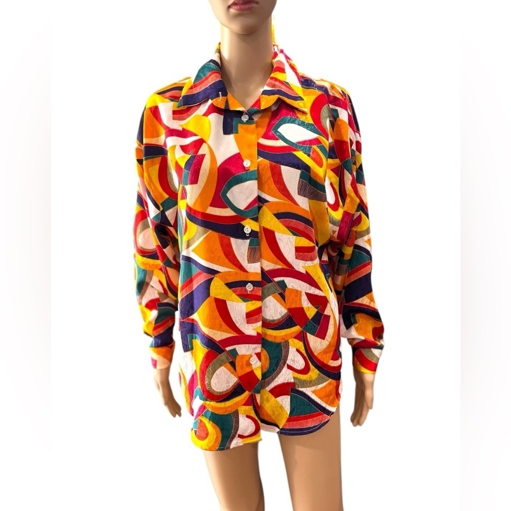 Abstract gaudy colorful satin button up blouse dagger collar vintage 80’s Large